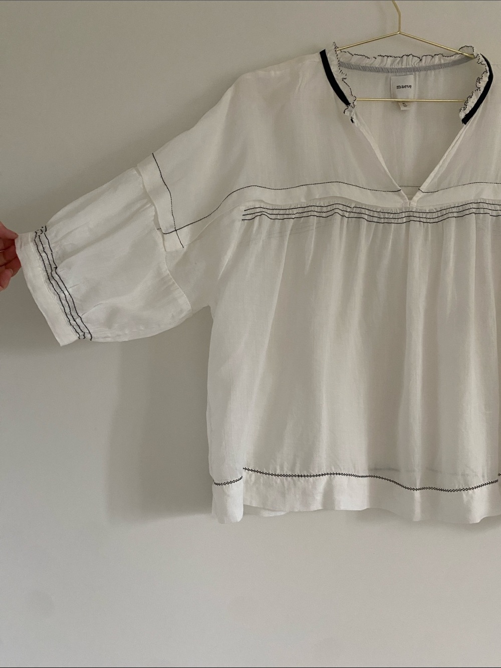 Maeve 100% Ramie White Contrast Stitch Peasant Blouse | XL - Picture 3 of 8